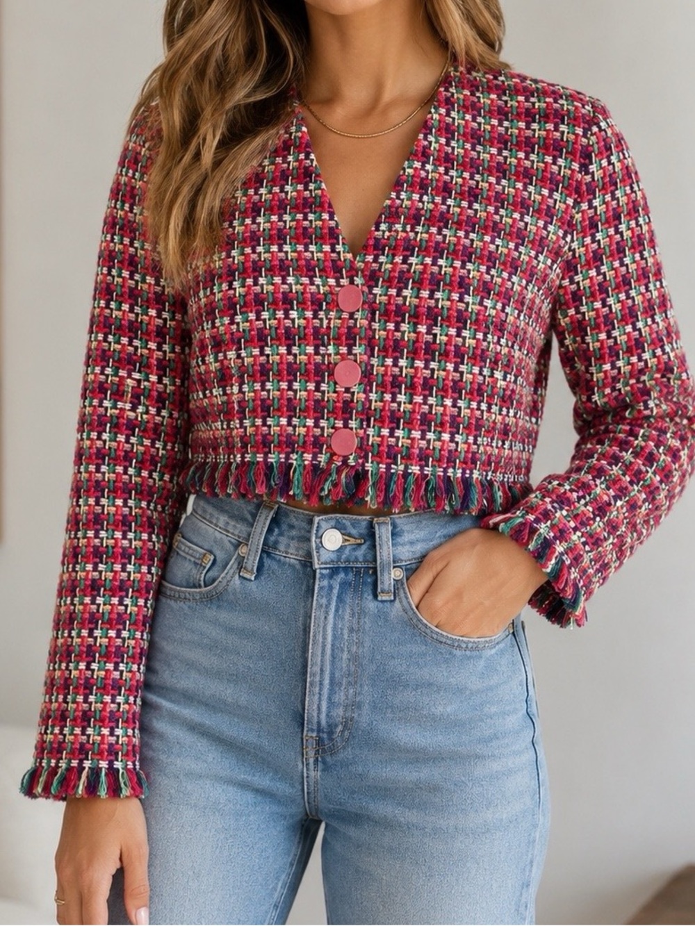 Zara Raspberry Multi Tweed Cropped Button Jacket